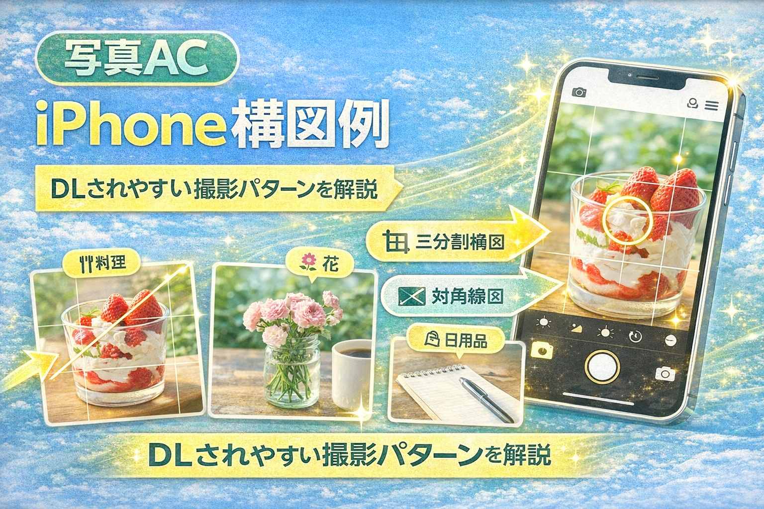 写真AC向けにiPhoneで撮影する際の具体的な構図例を解説したアイキャッチ画像
