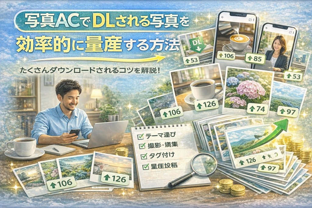 写真ACでダウンロードされる写真を効率的に量産する方法を解説したアイキャッチ画像