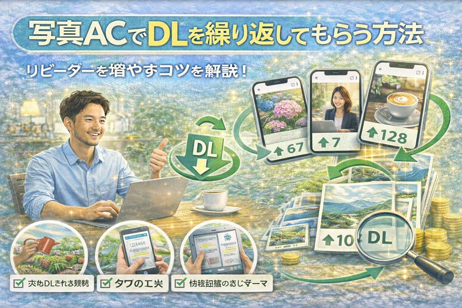 写真ACでダウンロードを繰り返してもらう方法を解説する記事のアイキャッチ画像。ノートパソコンで作業する男性と、写真のDL数が増えていく様子を示すスマホ画面や矢印のイラスト。