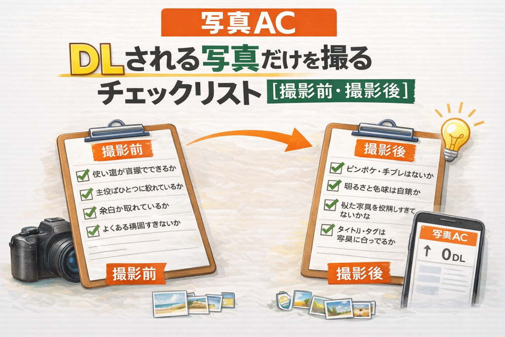 写真ACでダウンロードされる写真を撮るためのチェックリストを解説した図解イラスト。撮影前と撮影後のポイントを日本語で整理しているサムネイル画像