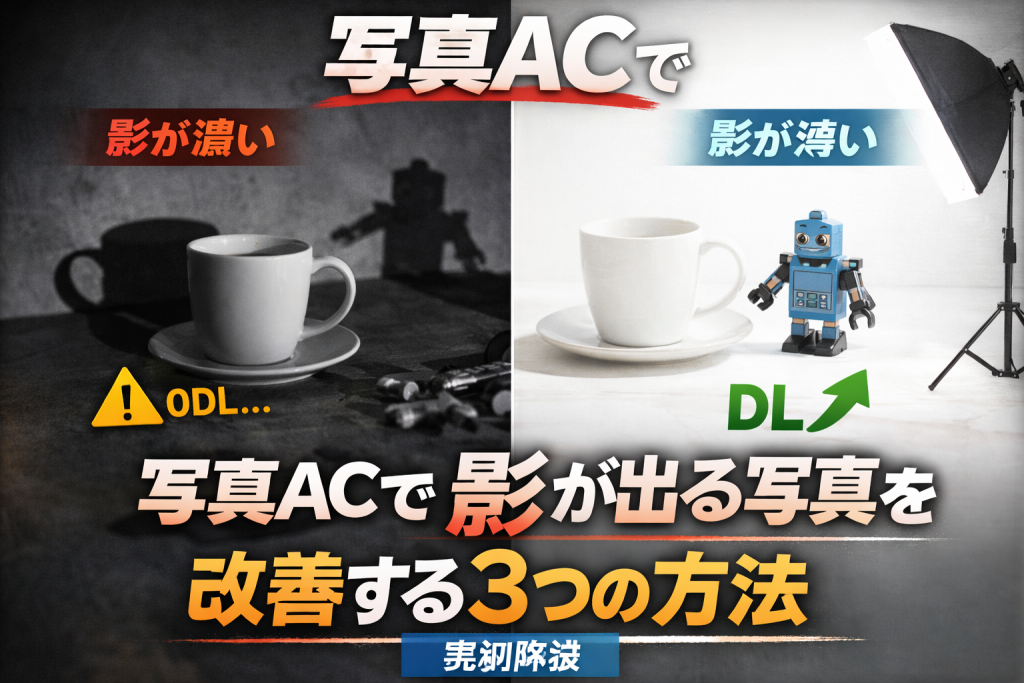 写真ACで影が濃い写真と影が薄い写真を比較し、影を改善する方法を解説したアイキャッチ画像