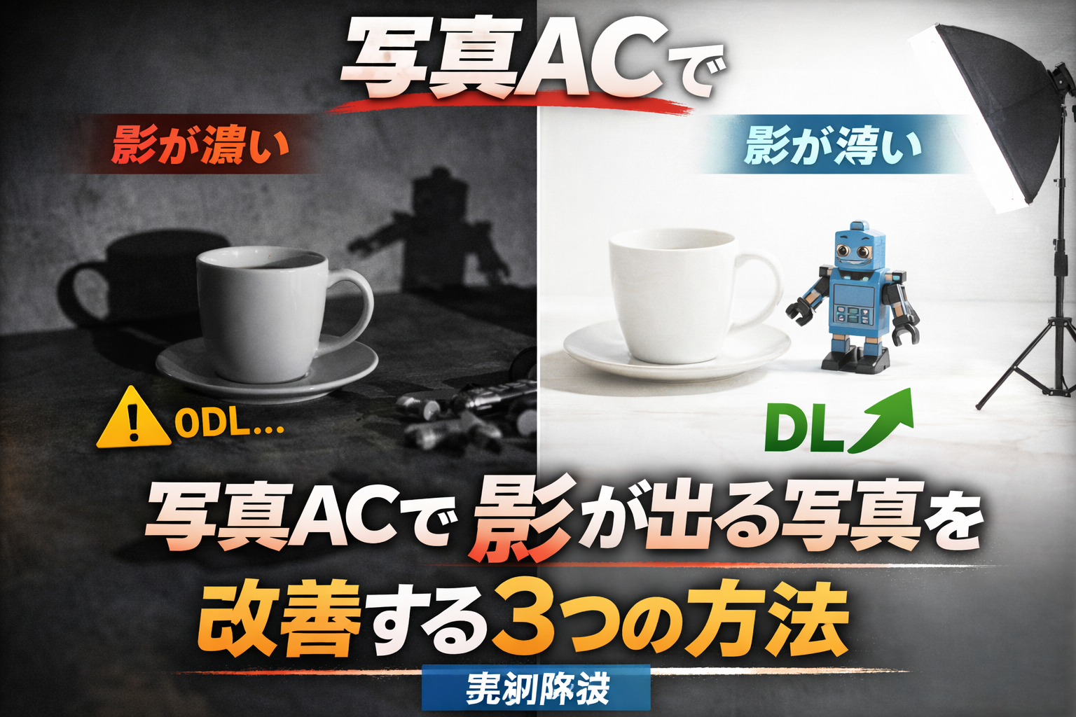 写真ACで影が濃い写真と影が薄い写真を比較し、影を改善する方法を解説したアイキャッチ画像