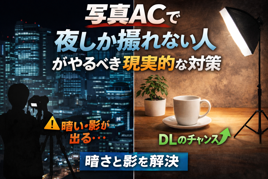 写真ACで夜しか撮影できない人向けに、暗さや影を照明で改善する現実的な対策を解説したアイキャッチ画像