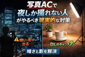 写真ACで夜しか撮影できない人向けに、暗さや影を照明で改善する現実的な対策を解説したアイキャッチ画像