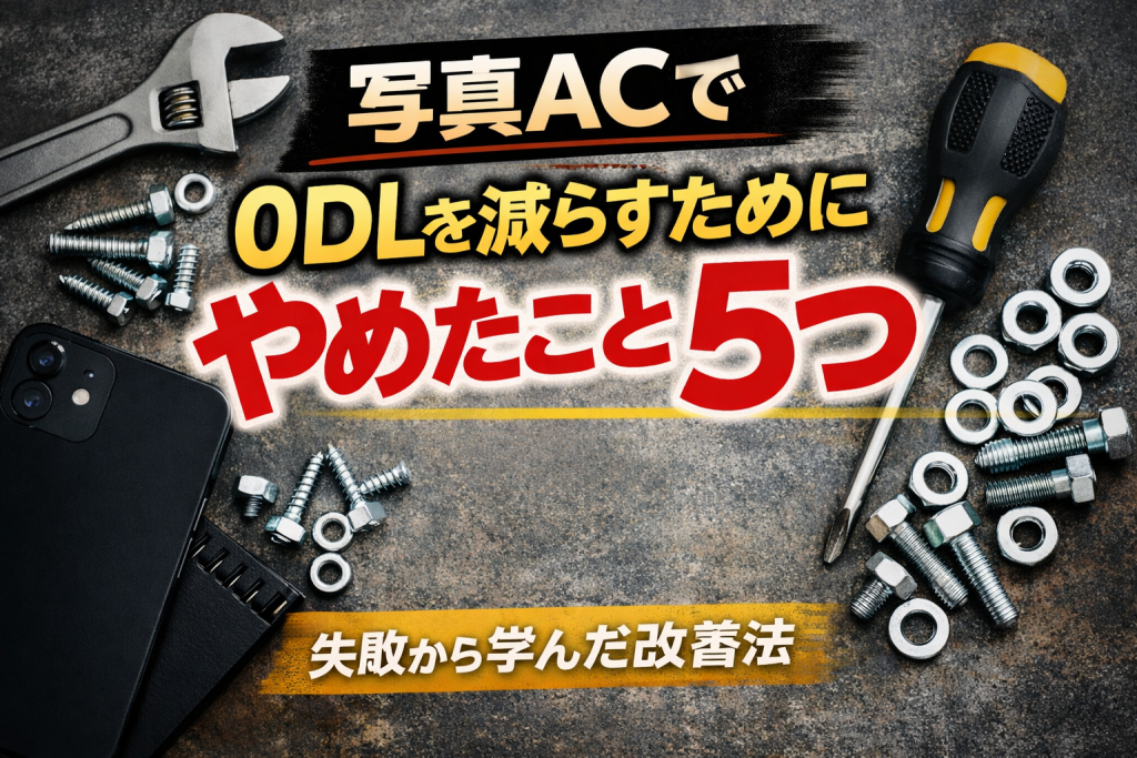 写真ACで0DLを減らすためにやめた5つのことを工具とネジの写真で表現したアイキャッチ